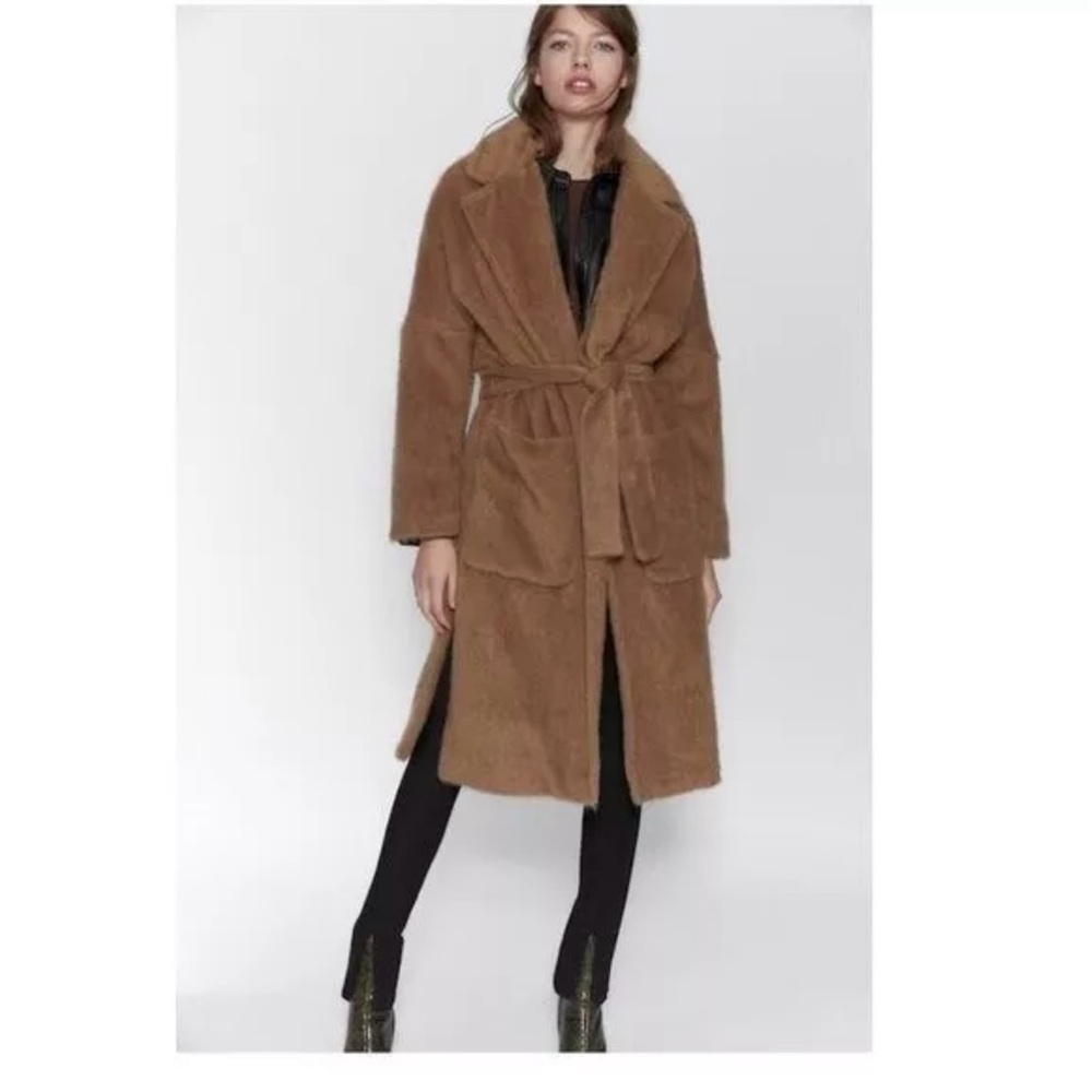 ZARA Blogger Fav Faux Fur Robe Belted Patch Pocket Coat